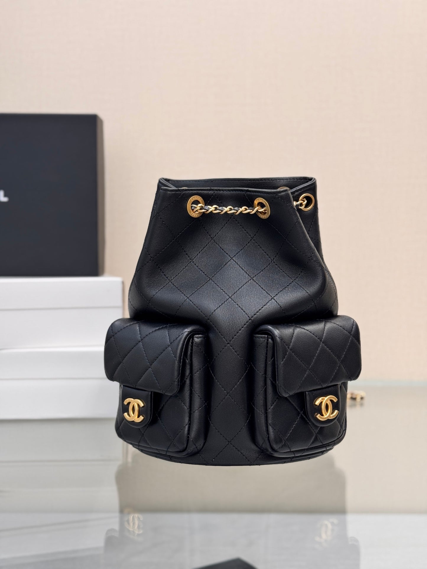 BACKPACK Shiny Lambskin & Gold-Tone Metal Black