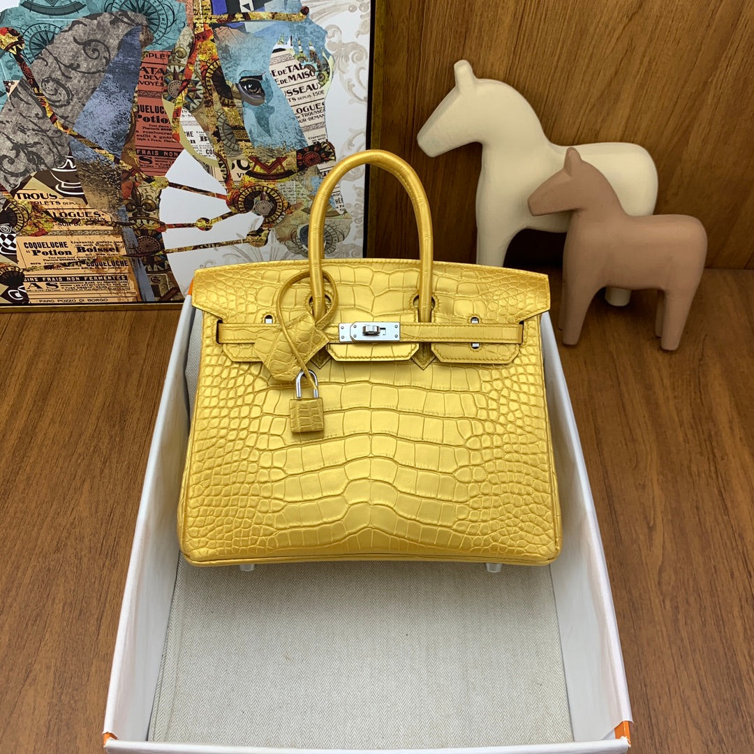 Birkin 25 Bag Gold Poppy Porosus Crocodile Palladium Hardware