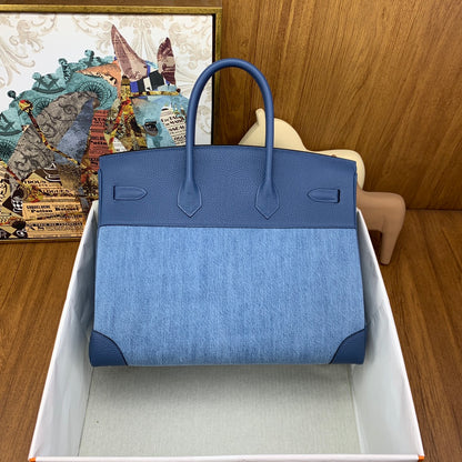 Birkin 35 Toile H and Ciel Clemence Palladium Hardware