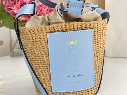 CHLOE  X MIFUKO Raffia Calfskin Basket Shoulder Bag Blue