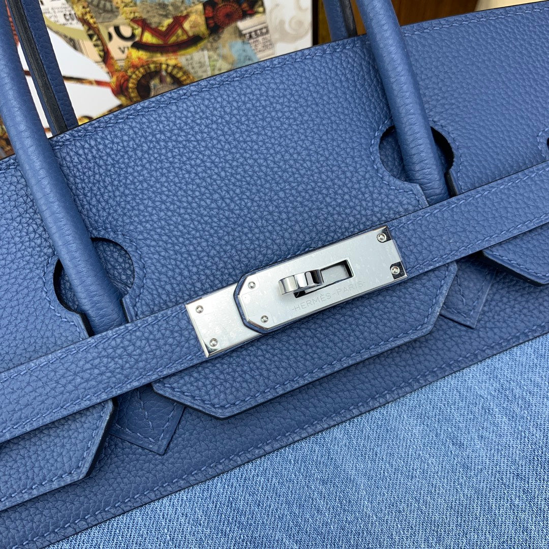 Birkin 35 Toile H and Ciel Clemence Palladium Hardware