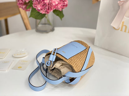 CHLOE  X MIFUKO Raffia Calfskin Basket Shoulder Bag Blue