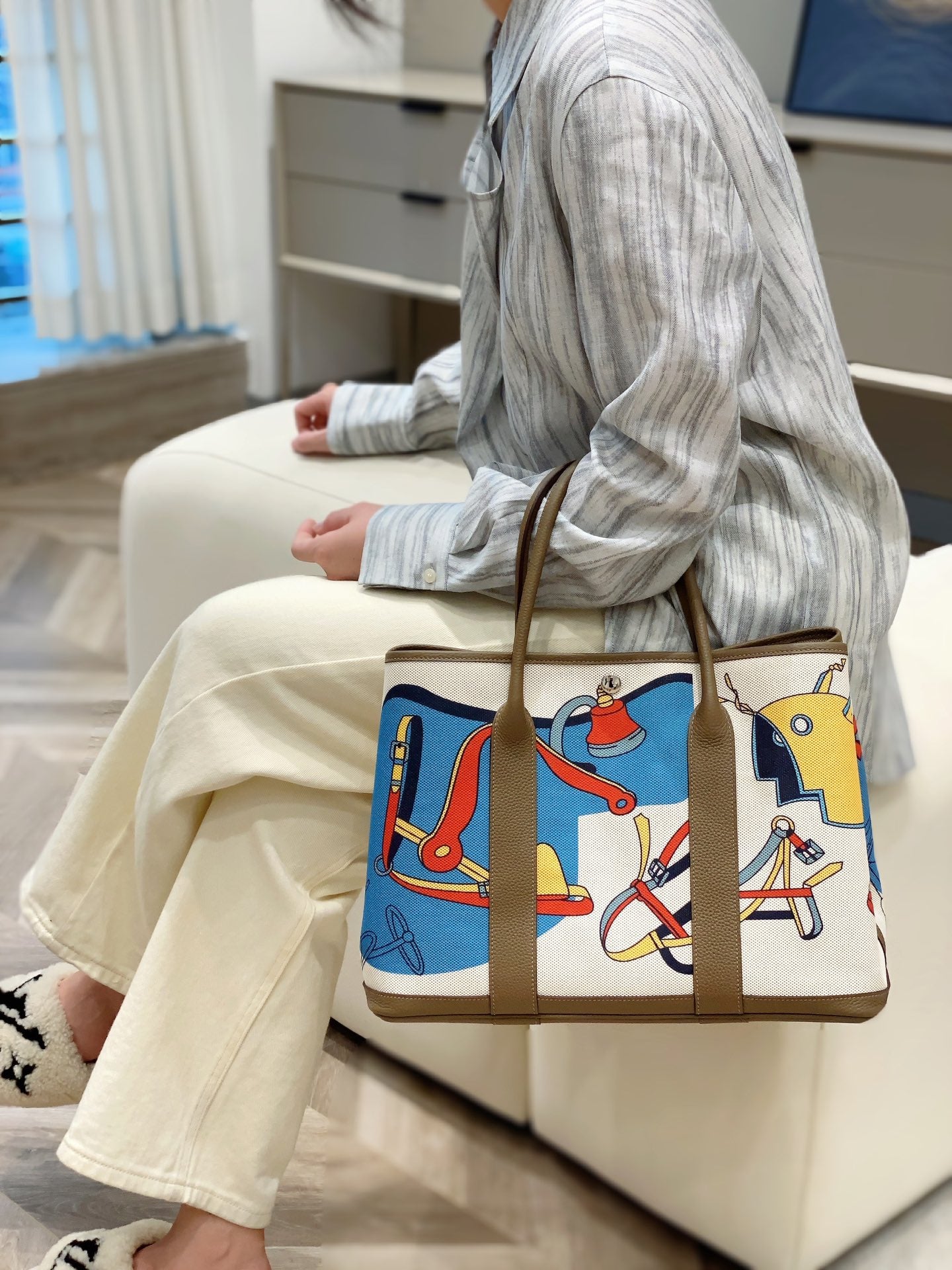 Garden Party Electrique Tote Printed Toile and Leather