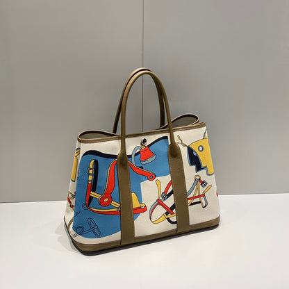 Garden Party Electrique Tote Printed Toile and Leather