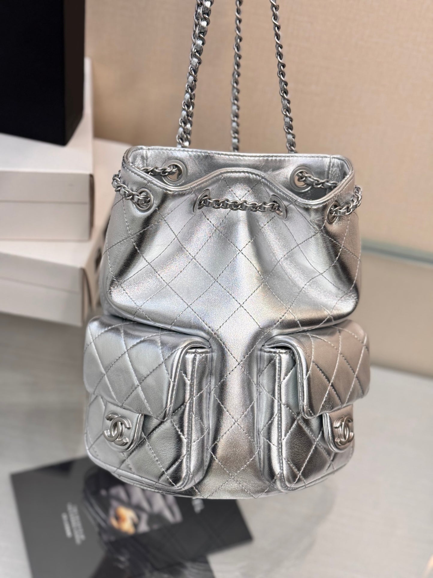 BACKPACK Metallic Lambskin & Silver-Tone Metal