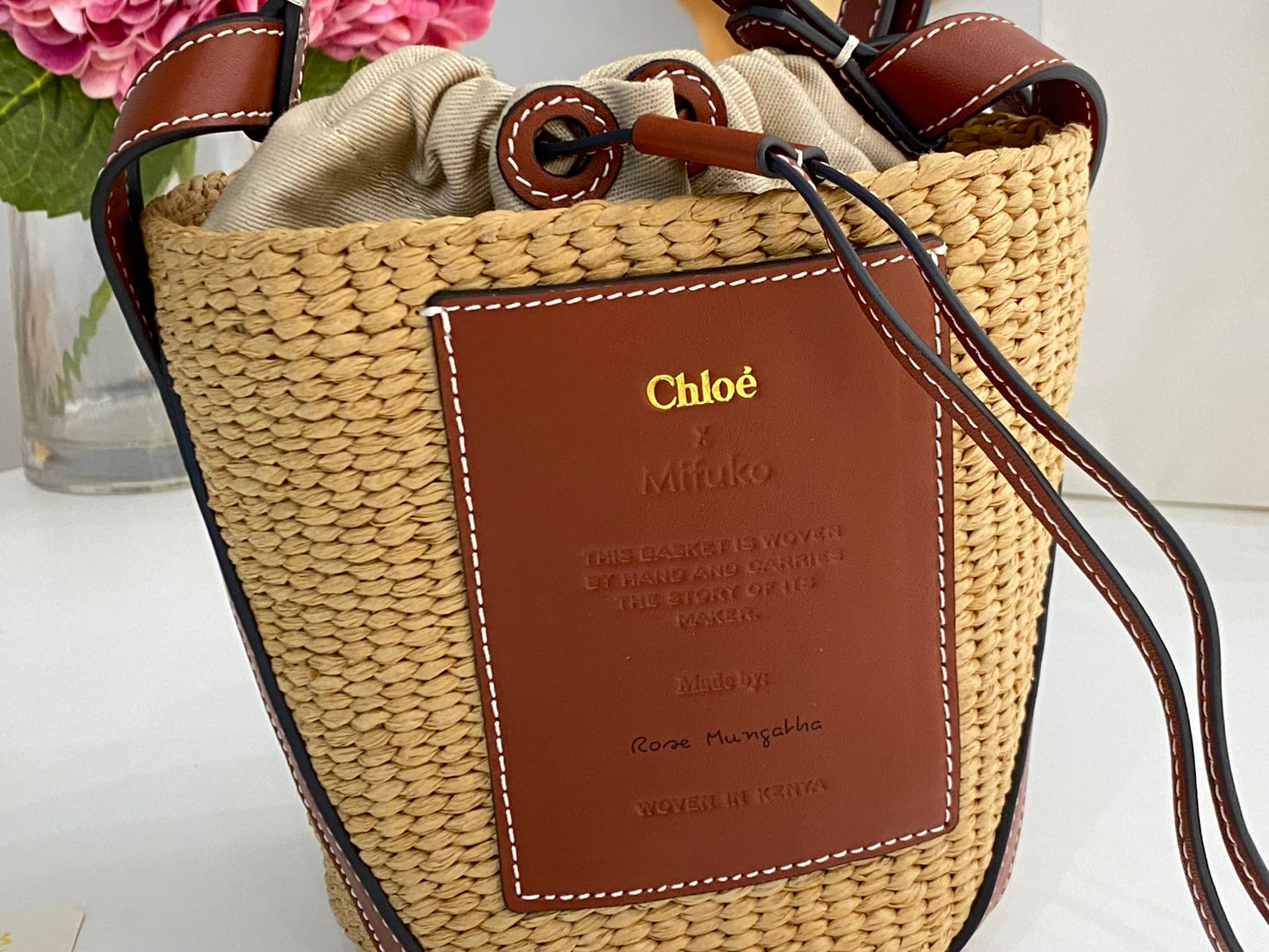 CHLOE  X MIFUKO Raffia Calfskin Basket Shoulder Bag Blue